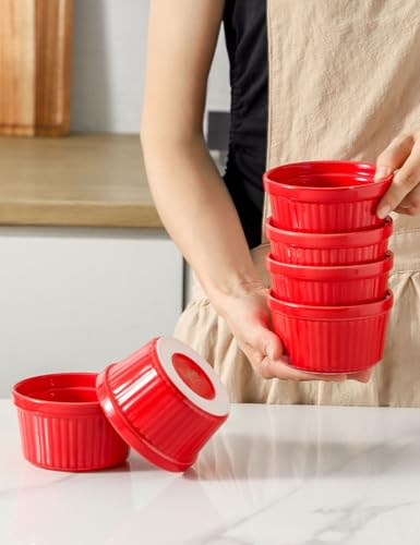 8 oz Ramekins Oven Safe Set of 6, Souffle Dish Baking Bowls, Custard Dessert Cups for Pudding Yogurt Ice Cream, Ceramic Ramiken Bowl, Red - color: Red