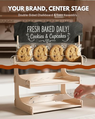 HOTCAN Cookie Display Stand for Bakers & Vendors with Acrylic Front | Wooden Dessert Stand with Chalkboard Sign for Market Booths, Craft Fairs & Events | 4 Tiered Cookie Display for Cupcakes, Muffins & Pastries (Natural) - color: Natural, size: 4 Tier