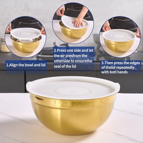 Gold Mixing Bowls with Airtight Lids, Stainless Steel Nesting Mixing Bowls Set of 5, Ideal for Baking, Prepping and Serving Food, Size 5.5, 3.6, 2.7, 2.1, 1.5, QT, Stackable Design - color: Gold, size: 5 Pieces