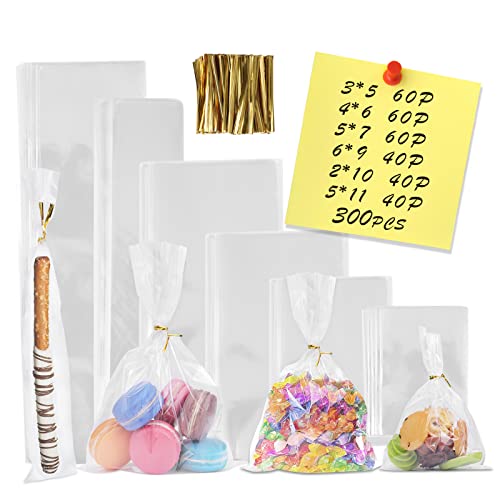 300 PCS Clear Flat Cellophane Treat Bags with 3x5",4x6",5x7",6x9",2x10",5x11",Treat Bags with Ties are Good for Pretzel Rods,Bakery, Cookies, Candies,Dessert. - size: 600 Piece Set