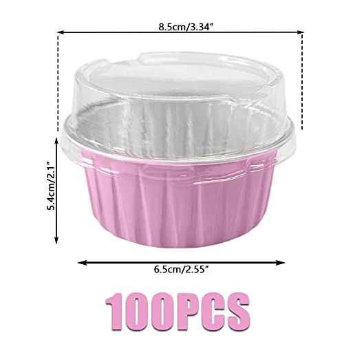 100Pcs Aluminum Cups with Lids,5oz Disposable Ramekin Baking Cups Muffin Liners Mini Pie Pans Foil Cupcake Containers for Christmas Party Wedding,Pink - color: Pink