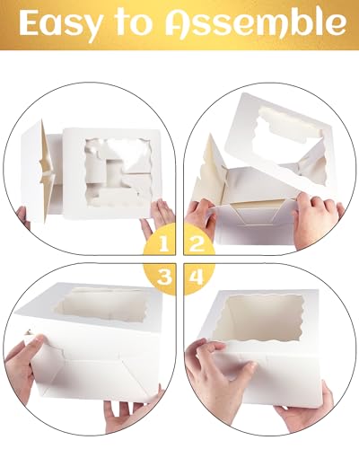 qiqee 10"x10"x5" Cake Box, 60 Sets White Cake Box with Window ＆ 60 Sets 10" White Cake Round Boards, for Cake, Treat Cookie Dessert, Pastry, Birthday Party, Weddings, 3 rolls of pink ribbons - color: White, size: 10"x10"x5", 60Pcs