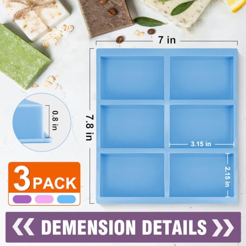 Walfos Silicone Soap Molds Set of 3, 6 Cavities Rectangle Silicone Soap Molds for Homemade Craft Soap Mold, Cake,Chocolate ＆ Ice Cube Tray（Blue & Purple ＆ Pink） - color: Pink+blue+purple/rectangle