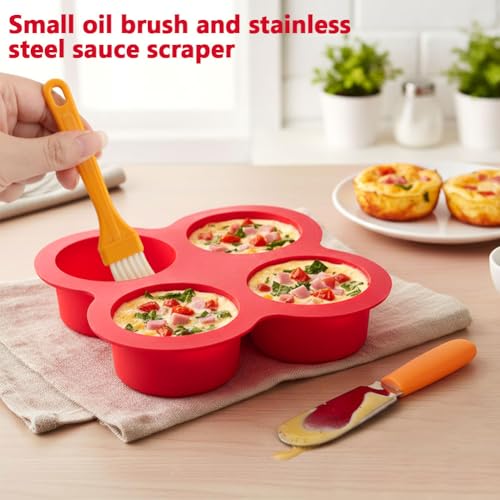 2 Pack Silicone Egg Bite Molds, with 1 Spatula & 1 Brush - color: Red