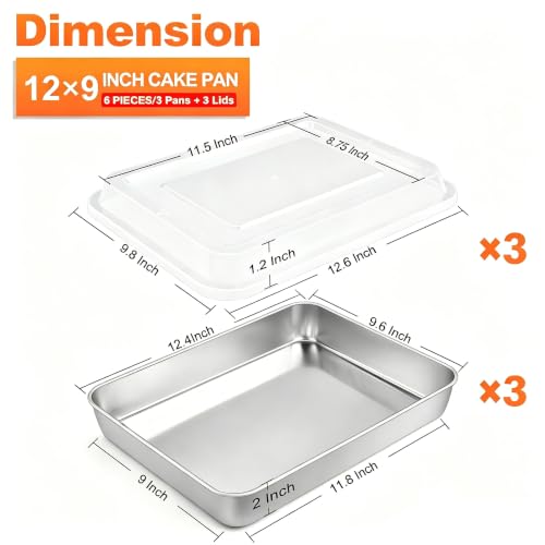 Herogo 9 x 12 Inch Baking Pan with Lid Set (3 Pans + 3 Lids) - size: 12.4" x 9.6" x 2"