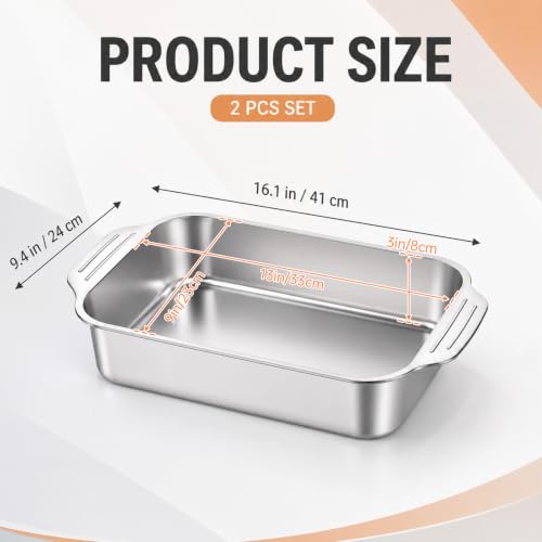 2 Pack 9 x 13 Inch Baking Pan with Handle Stainless Steel 3 Inch Deep Rectangular Cake Pan for Casseroles, Brownies & Roasting, Rectangle Baking Bakeware for Bakings Roasting Toaster Oven