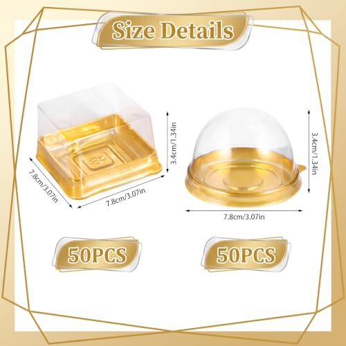 DOITOOL Clear Plastic Mini Cake Box 100 Pack Square Mini Cupcake Containers Mooncake Boxes Muffin Pod Dome Muffin Single Container for Wedding Birthday Supplies (Golden)