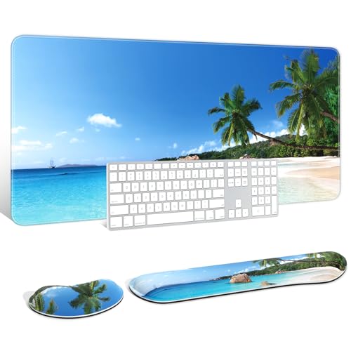 Large Mouse Pad with Wrist Rests for Keyboard & Mouse, Thick Soft Ergonomic Memory Foam Wrist Supports, Big & Long Desk Mat 35.5 x 15.7 in, for Office Gaming Computer, Beach and Trees - color: Beach and Coconut Trees