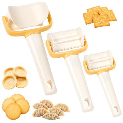 Rolling Cookie Cutter Set, 3 Piece Biscuit Maker and Dough Cutter Wheels with Ergonomic Handle, Round Crimped and Square Pastry Roller for Cookies, Ravioli, Pizza, Dumplings, Donuts, Crackers, Scones