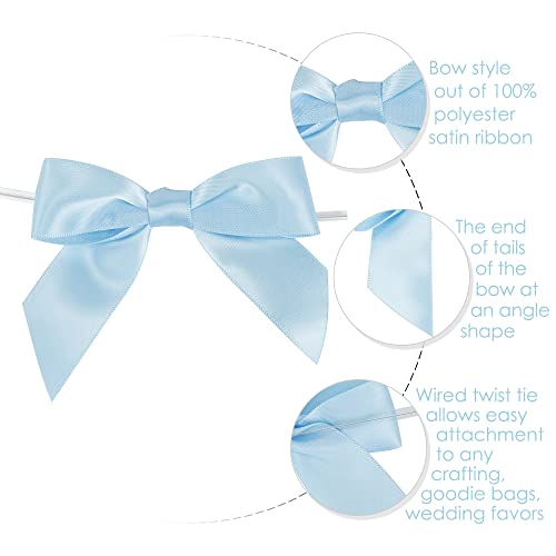 AIMUDI Light Blue Satin Ribbon Twist Tie Bows 3.5" Pre-Tied Baby Shower Bows Premade Baby Blue Bows for Crafts Treat Bags Cake Pop Gift Wrapping Wedding Favors Gender Reveal Birthday - 50 Counts - color: Blue Light