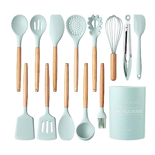Country Kitchen Non Stick Silicone Utensil Set with Rounded Wood Handles for Cooking and Baking, 14 Piece Set, Mint - color: Mint, size: 14 Piece Set