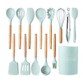 Country Kitchen Non Stick Silicone Utensil Set with Rounded Wood Handles for Cooking and Baking, 14 Piece Set, Mint - color: Mint, size: 14 Piece Set