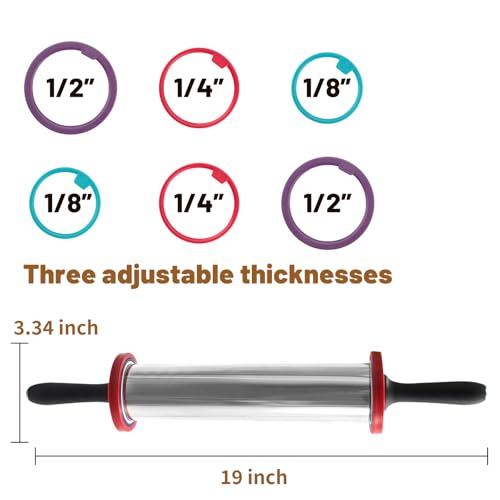 Adjustable Stainless Steel Rolling Pin with Thickness Rings 19 Inch - color: Silver