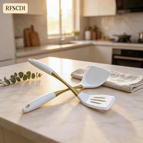 Heat-Resistant Kitchen Spatula Set – Non-Toxic Cooking Utensils with Solid & Slotted Designs –Food Grade Silicone and Gold-Plated Stainless Steel Handles –Ideal for Nonstick Cookware, Gold - color: Golden
