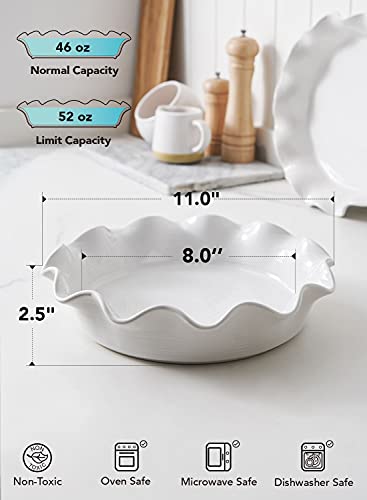 LE TAUCI Ceramic Pie Pans for Baking, 11 Inches Deep Dish Pie Plate for Apple Pie, Pot Pie, 48 Ounce Baking Dish with Ruffled Edge, Set of 2, White - color: White