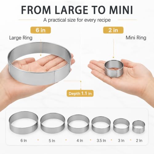 6-Piece Stainless Steel Round Cookie Cutter Set, Circle Baking Cutters for Cookies, Pastries, Donuts and Sandwiches