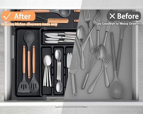 Spaclear Large Silverware Drawer Organizer Expandable Kitchen Utensil Tray - color: Black