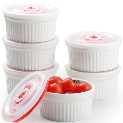 Dafuceramic Ramekins with Lids 12 oz White Creme Brulee Ramekins Ceramic Oven Safe Pudding Cups, Set of 6 Porcelain Custard for Baking Dishwasher and Microwave Safe