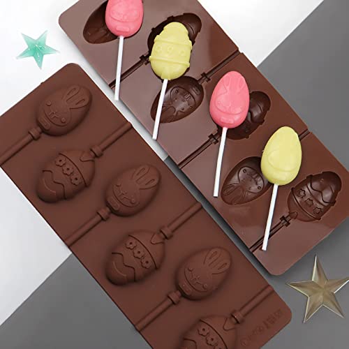 2 Pack Easter Lollipop Silicone Candy Molds Silicon chocolate Lollipop Molds 8 Cavity Bunny Egg Molds Including 80 Lollipop Sticks+100 Pcs Candy Treat Bags+100 Twist Ties (Pink) - color: Easter lollipop mold