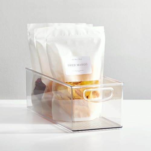 mDesign Plastic Stackable Kitchen Organizer - Storage Bin with Handles for Refrigerator, Freezer, Cabinet, and Pantry Shelves Organization - Food Container - Ligne Collection - 8 Pack - Clear - size: 16 x 6 x 5