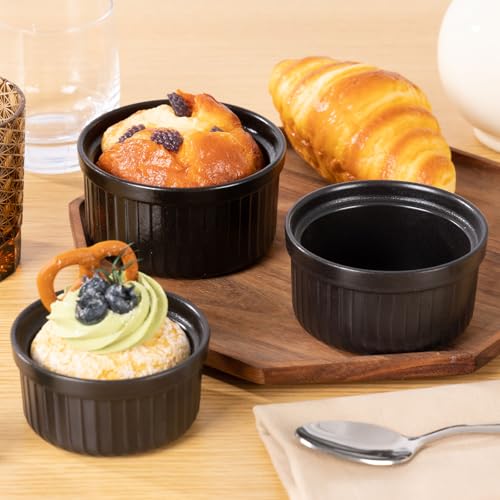 Yachi Ramekins Black, 6 oz Ceramic Set of 6 Stoneware Bakeware for Souffle Sauces Dipping Onion Soup Lava Cake Flan Creme Brulee Kit Pudding Mini Custard Oven Safe - color: Black, size: 6 OZ