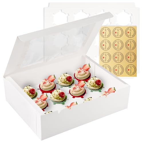 12-Count White Cupcake Boxes with Window and Insert, 13x10x3.5 Inch, Set of 10, Suitable for Cupcakes, Muffins, and Cookies