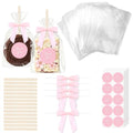 100 Sets Clear Rice Krispie Treat Bags with Pink Bow Ties, Thank You Stickers and Sticks, 4x6in Rice Crispy Treat Bags Flat Cellophane Bags for Individually Wrapped Rice Crispy Cake Pops Cookie Candy Chocolate