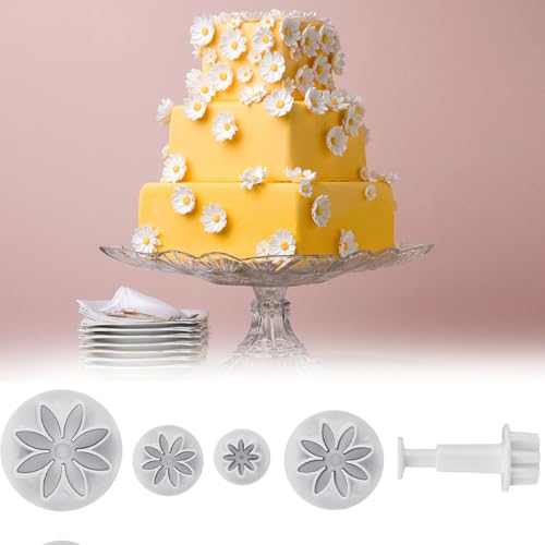 4Pcs Daisy Fondant Cutter, Flower Cookie Cutters, Chrysanthemum Plunger Cutters, Flower Molds for Fondant, Decoration Embossing Tool