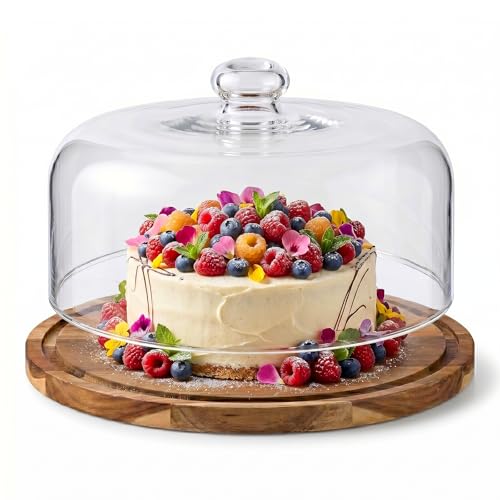Clear Wooden Glass Dessert Dome with Base, Round Cake Stand Cover, Pastry Display Cloche for Food, Cake Plate with Cover for Baking Gifts Birthday Kitchen Party Weddings (11.4 inch)