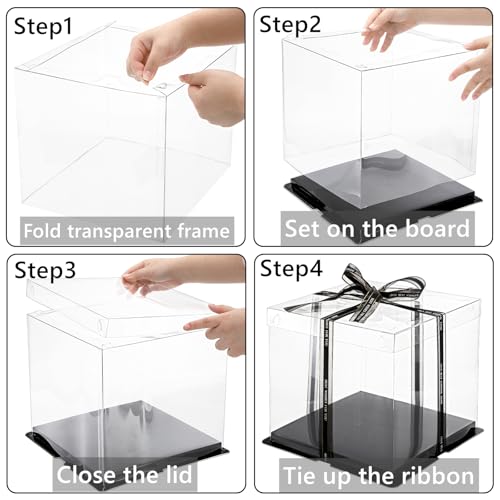 Cididu 6 Pack Clear Cake Box with Ribbon, 2-Layer Tall Cake Carrier Box, Packaging Boxes 10x10x9 Inch, PET Clear Gift Box with Lid, Transparent Cake Containers for Mother's Day Birthday Party Wedding