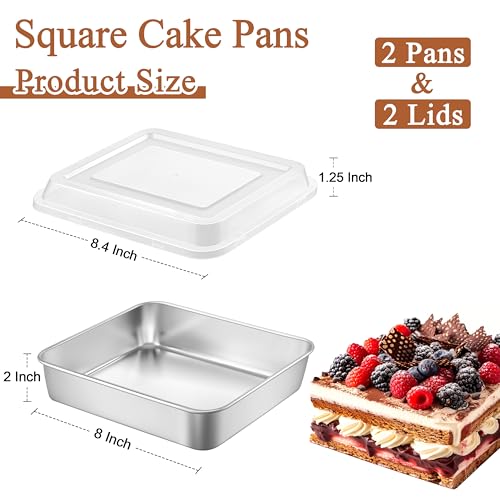 LIANYU 8 x 8 Square Baking Pan with Lid, 8 Inch Stainless Steel Cake Pan - size: 8 x 8 Inch