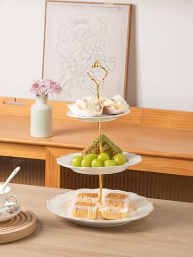 Sweejar 3 Tier Ceramic Cake Stand Wedding, Dessert Cupcake Stand for Tea Party Serving Platter(White) - color: Pure White