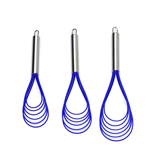 Flat Whisk Set,Stainless Steel 3 Pack 10''+11''+12'' Premium Sturdy-6 Silicone Heads Non Stick Wires Whisk for Blending Beating Stirring Kitchen Cooking by Jell-Cell (Blue) - color: Blue
