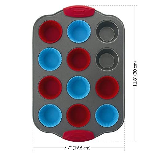 Boxiki Kitchen 12 Cup Mini Muffin Pan with Silicone Muffin Liners. Professional Cupcake Pan for Baking Muffin Mold, Mini Muffin Tin Non-Stick Steel Bakeware