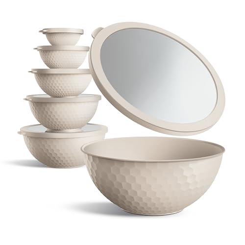 COOK WITH COLOR Mixing Bowls with Lids - 12 Piece Plastic Nesting Bowls Set includes 6 Prep Bowls and 6 Lids, Microwave Safe Mixing Bowl Set, Cream Embossed - color: Cream Embossed