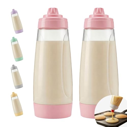 2PCS Pancake Batter Dispenser & Mixer Bottles, 1000ml Leak-Proof Silicone Squeeze Bottle, BPA Free & Dishwasher Safe for Pancakes, Waffles, Muffins, Crepes & Cupcakes (pink) - color: pink