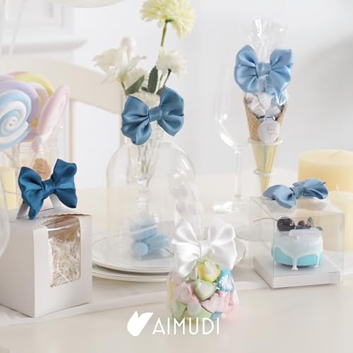 AIMUDI 5 Colors Dusty Blue Bows 3.5" Satin Bows with Twist Ties Blue Bow for Gift Wrapping Crafts Treat Bags Candy Cake Pop Premade Bow for Wedding Baby Shower Birthday Party Decoration, 50 PCs - color: Dusty Blue Shade