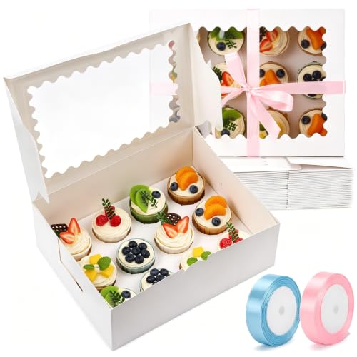 Tbestmax 20 Sets 12-Count Cupcake Boxes, 4.7 in Extra Tall Cupcake Containers with Windows & Inserts for 240 Cupcakes, White Pastry Boxes and 2 Rolls of Ribbon for Bakery, Parties, Weddings