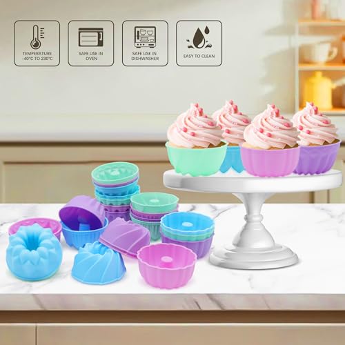 To encounter 24Pack Silicone Molds, Nonstick 3 inches Donut Mold, Silicone Baking Cups, Donut Pan, Muffin, Jello, Bagel Pan, Oven- Microwave- Dishwasher Safe - color: Blue/Green/Pink/Purple, size: 3" x 1.4"