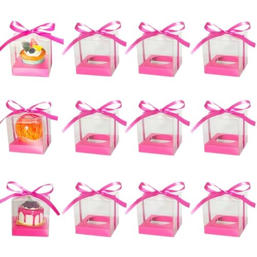 12Pcs 3.5inch Individual Cupcake Boxes with Ribbon, Clear Single Cupcake Containers (hot pink) - color: hot pink, size: 12pcs