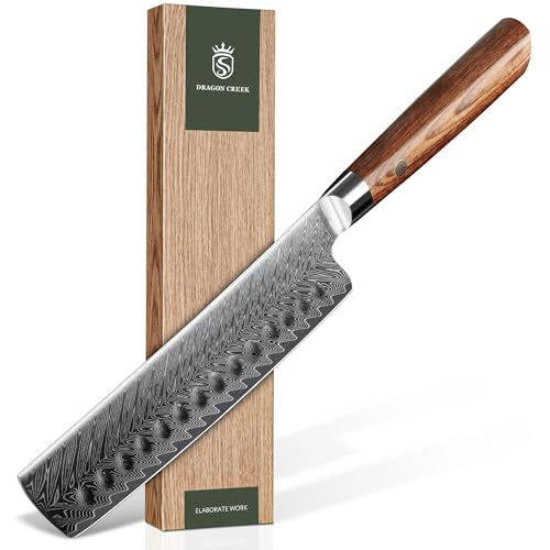Dragon Creek Damascus Nakiri Knife - Meat Vegetable Cutting - color: Oak