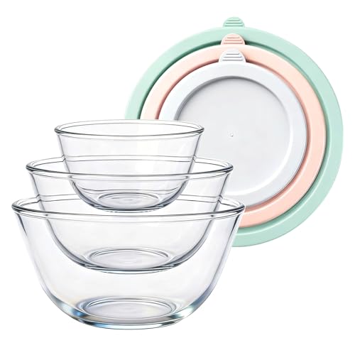 Greentainer Borosilicate Glass Mixing Bowls with BPA-Free Lids Set of 3 (2.9, 1.6, 0.7 QT), Clear Salad Bowl for Kitchen Baking, Cooking, Serving, Meal Prep, Dishwasher, Freezer & Microwave Safe