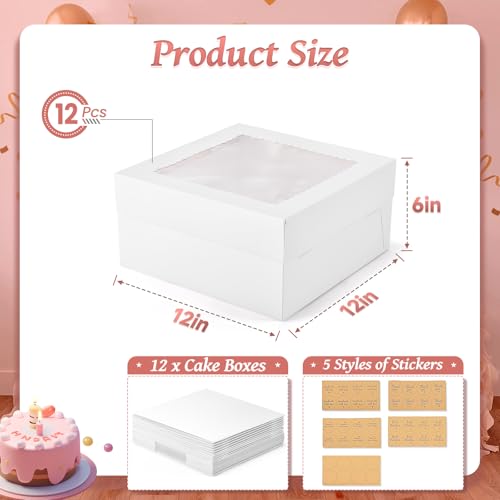 12Pcs Cake Boxes, 12x12x6 Inches White Bakery Boxes with Window - color: White, size: 12x12x6inch