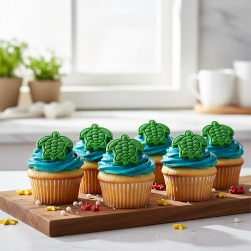 BAKERLOGY Sea Turtle Mini Cookie Cutter and Stamp Set – Ocean Animal Fondant Embosser, Beach Themed Cupcake Topper Mold for Summer Party, Under the Sea Baking & Coastal Treats