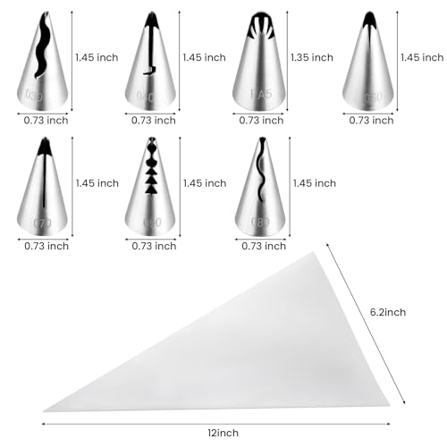 Kasmoire 7Pcs Pleated Skirt Piping Tips Set,Stainless Steel Ruffle Piping Nozzles Icing Tips Set with 10Pcs Disposable Piping Bags For Pastry Cupcakes,Cakes Cookies Decorating