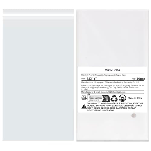 12x16 IN Clear Self Sealing OPP Cellophane Bags, 50 Pcs, Clear Plastic Bags for Clothes, Shirts, T-Shirts & Clothing Resale Packaging - size: 12X16"