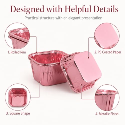 50 Pcs Rose Gold Square Baking Cups, Disposable Paper Pans - color: Rose Gold