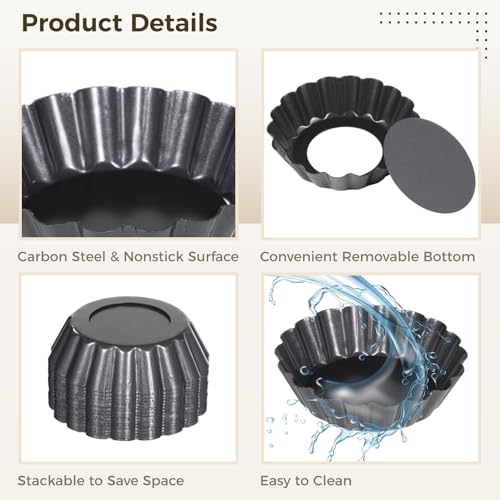 Homaisson 16 PCS Mini Removable Bottom Tart Pans, 3 in Nonstick Carbon Steel Fluted Cake Molds, Flower Shape Mini Pie Pans, Baking Cups for Tarts, Pudding, Brownies, Small Quiche