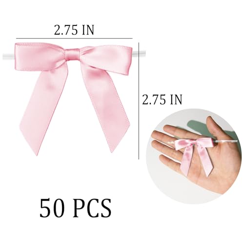 50 Pcs Satin Bows with Twist Ties, 2.5 Inch Gift Wrapping Bows, Pink - color: Pink