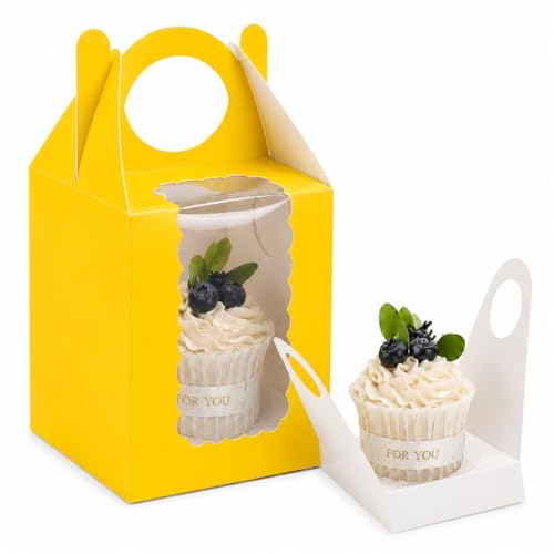 Cupcake Boxes with Window, 25 Pack Single Dessert Gift Boxes with Adjustable Insert Fits 1.7"–3" Cupcakes, Muffins & Cocoa Bombs for Parties, Bake Sales & Baby Showers (Yellow) - color: Yellow, size: 25 PCS